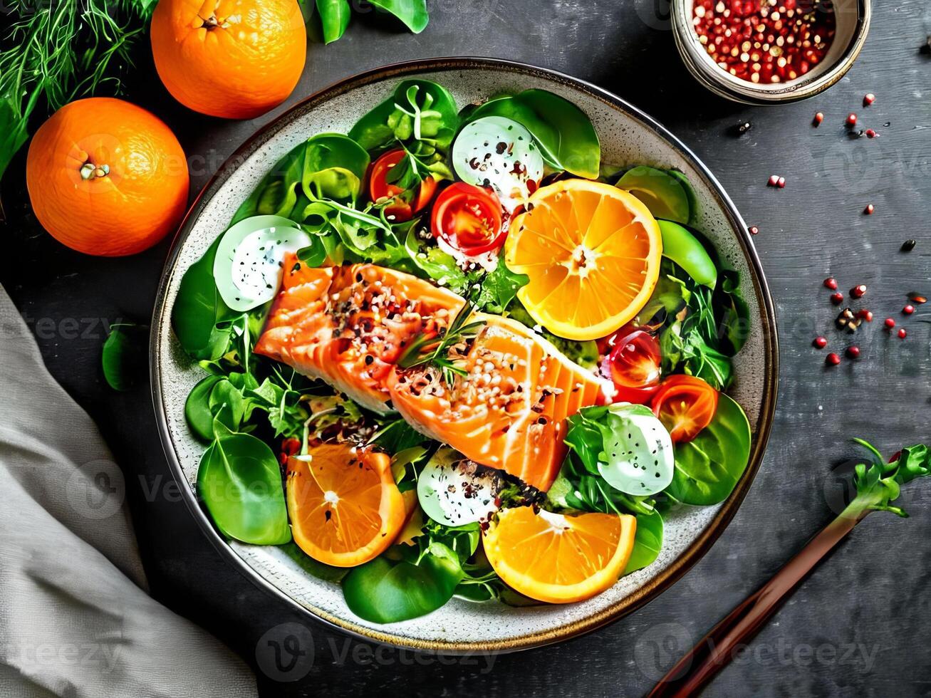 Salmon with orange and spinach salad on a dark background photo