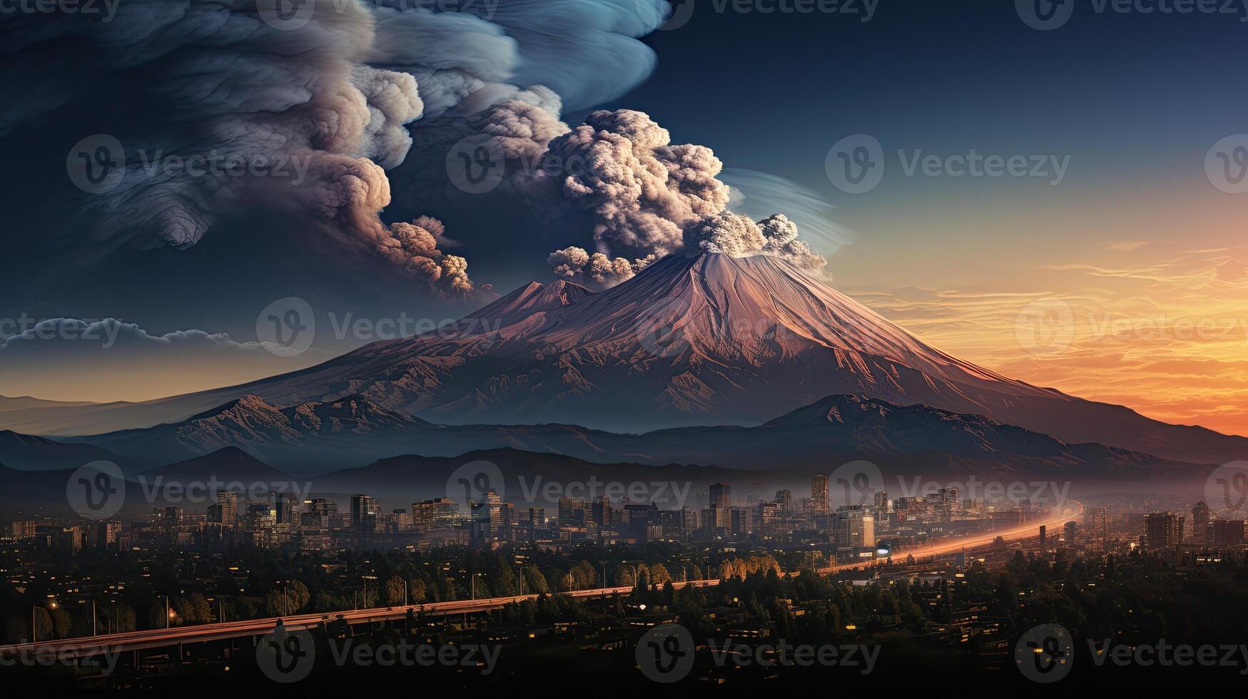 large volcanic eruption with a large release of smoke and ash, at the foot photo