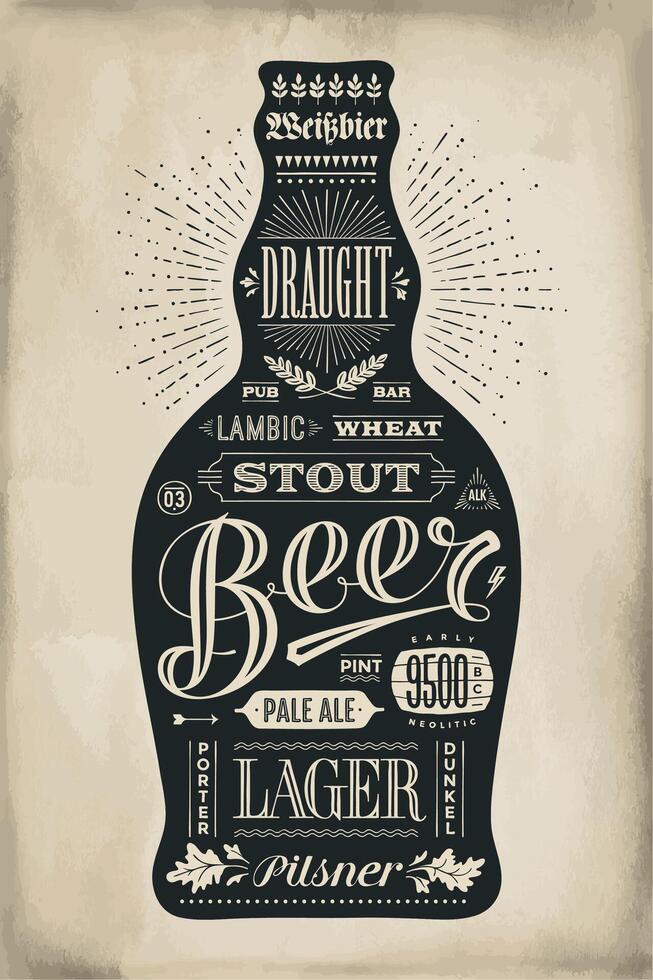 Poster bottle of beer with hand drawn lettering vector