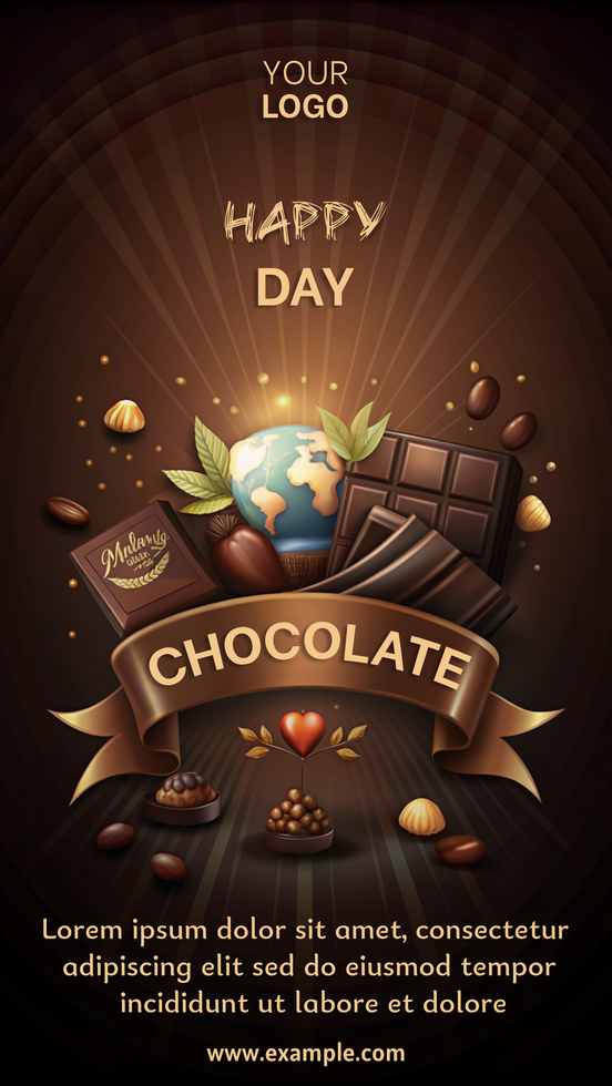 A chocolate advertisement with a ribbon and a globe psd