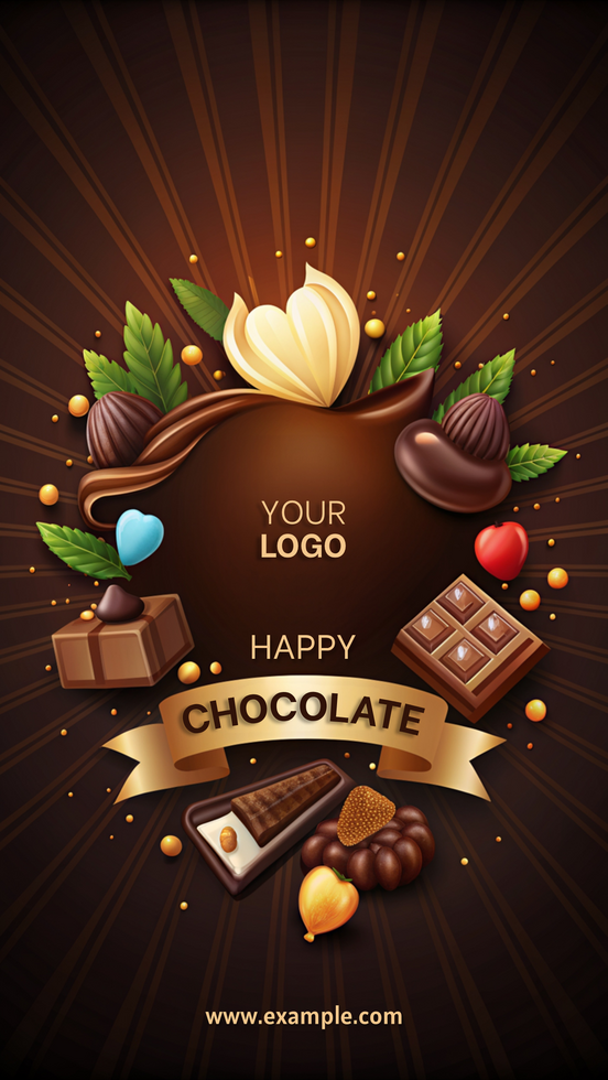 A chocolate advertisement with a ribbon and a logo that says Happy Chocolate psd