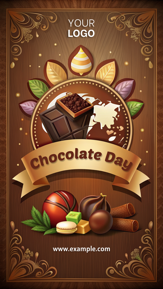 A chocolate themed poster with a ribbon and a chocolate bar psd