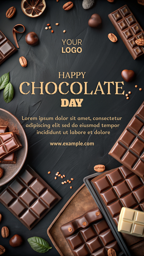 A poster for Happy Chocolate Day featuring a variety of chocolate bars psd