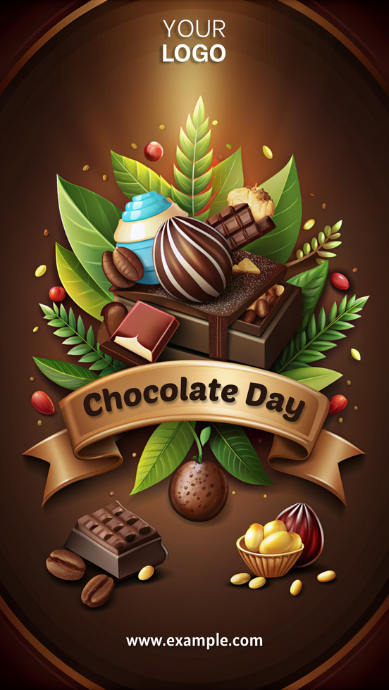 A chocolate day poster with a ribbon and a bunch of chocolate treats psd