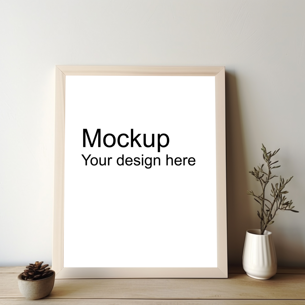 Mockup of beige frame for poster or picture on table with two potted flowers psd