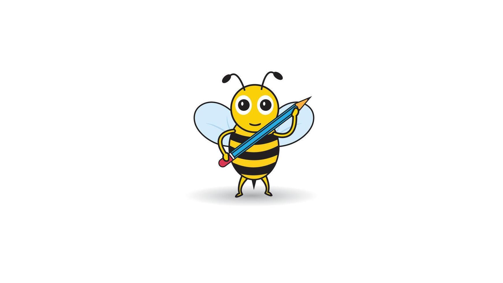 icon bee cartoon, cute bee with smiling face bring pencil for study go to school vector