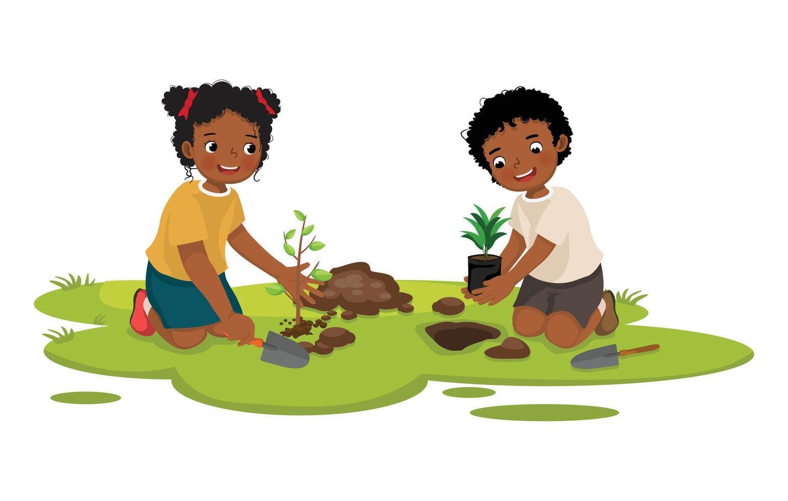 Cute African kids gardening planting tree working together in the garden vector