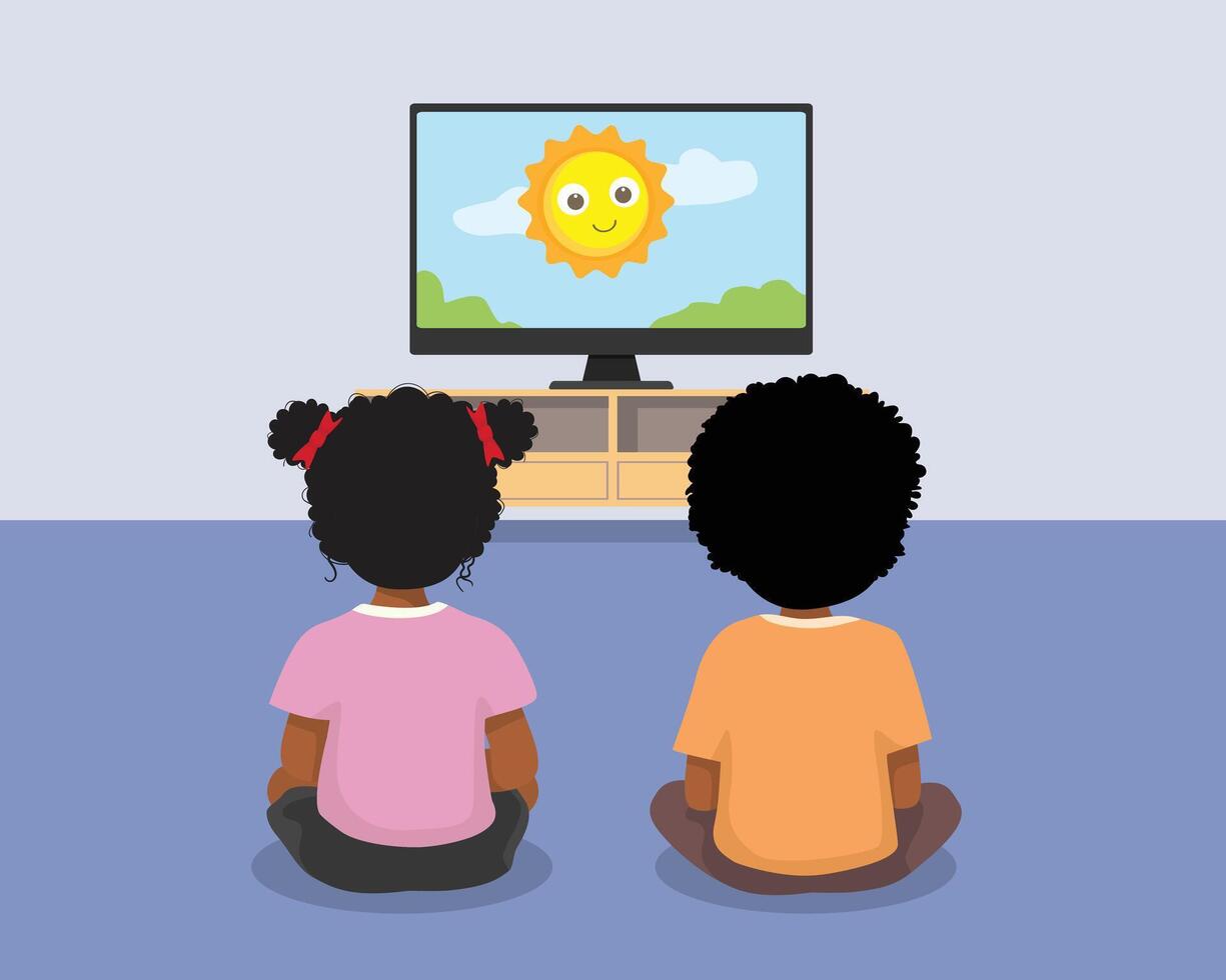 Back view group of cute African kids watching TV sitting on the floor vector