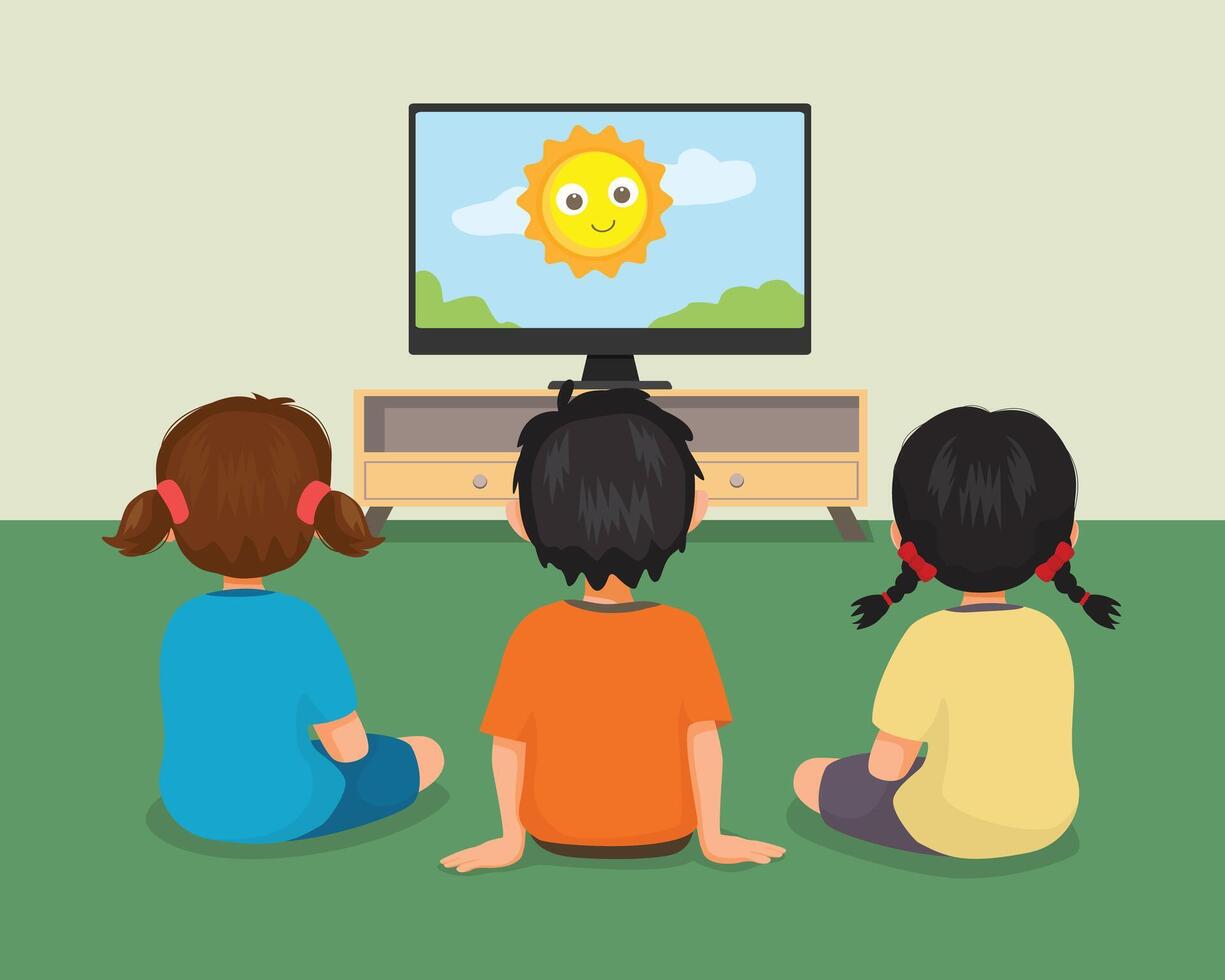 Back view group of cute kids watching TV sitting on the floor vector