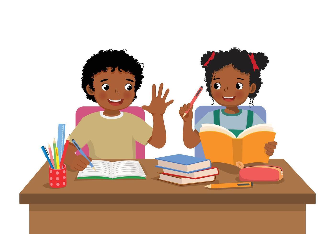 Cute African school kids studying doing homework together at the desk vector