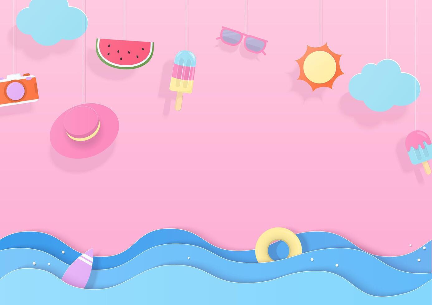 Paper summer elements and sea waves background vector