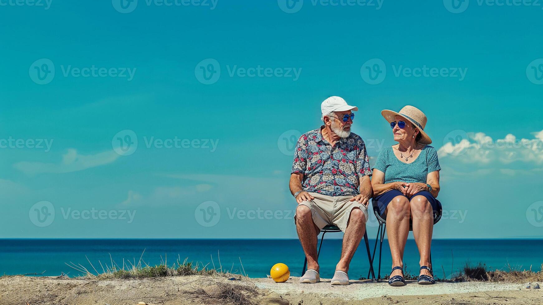 Elderly Couple Relaxing on Chairs by the Sea on a Sunny Day. space for text. photo