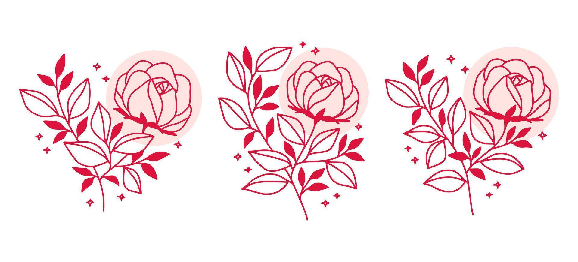 Feminine logo design templates in trendy linear minimal style. Peony, rose flowers and botanical leaf branch. Emblem, symbols and icons for cosmetics, jewellery, beauty and handmade products vector