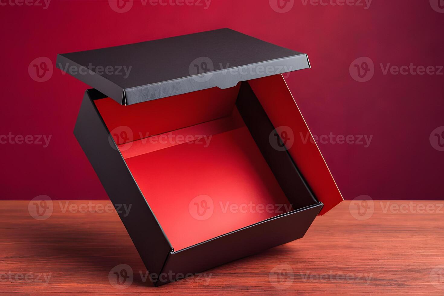 black gift box, red background, Black Friday design gift . photo