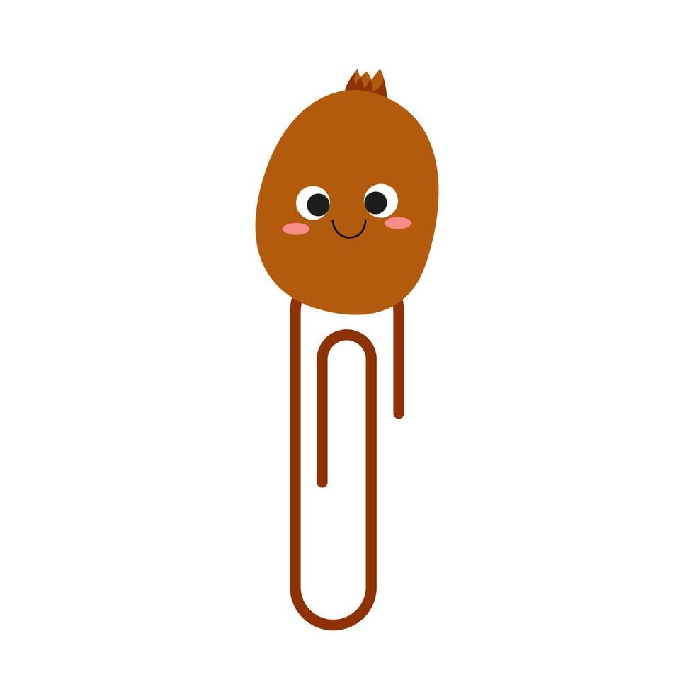 Funny hand drawn paper clip for kids with kiwi character. Cute safety pins vector