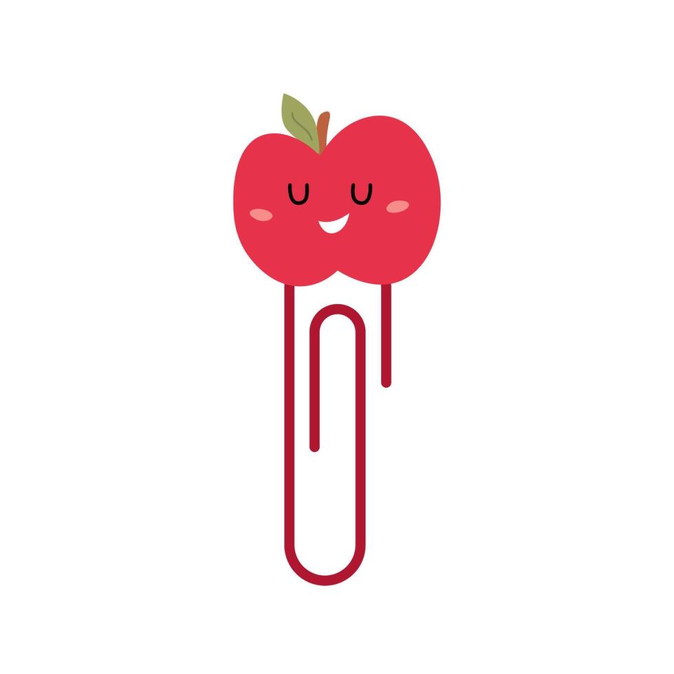 Hand drawn paper clips with apple character for kids. Cute funny safety pins vector
