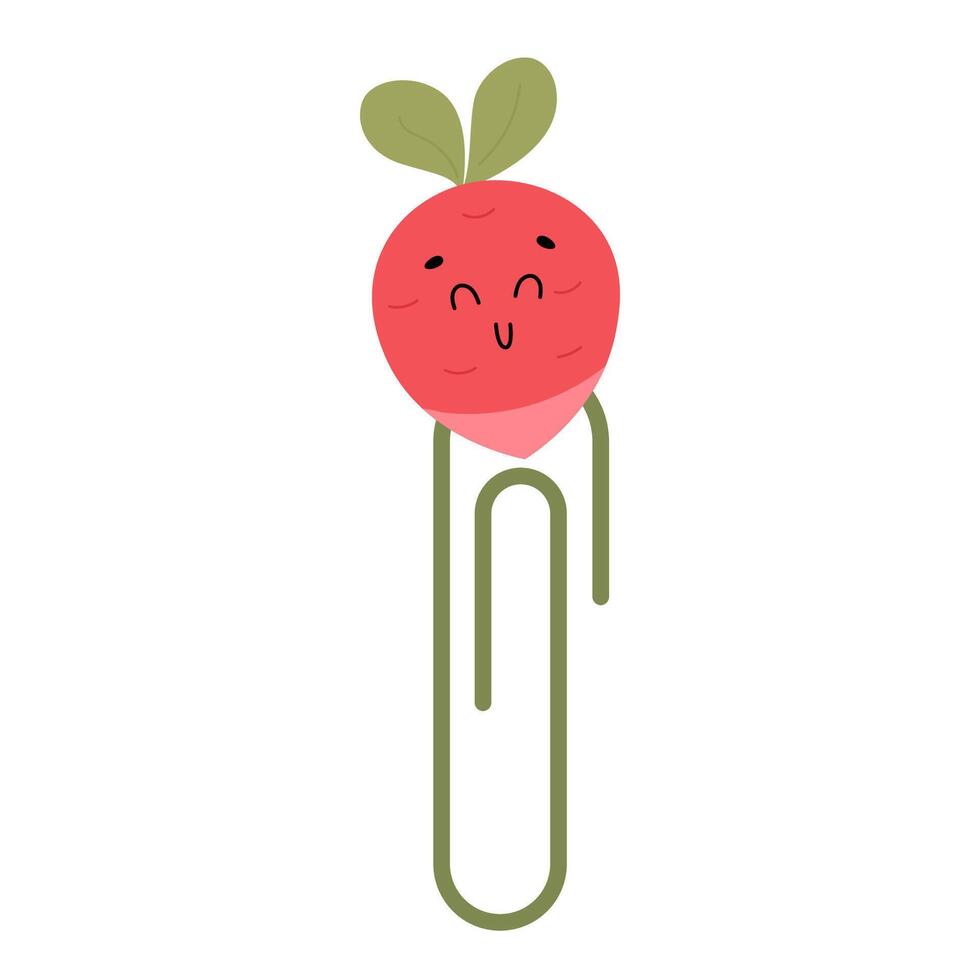 Hand drawn paper clips with radish character for kids. Cute funny safety pins vector