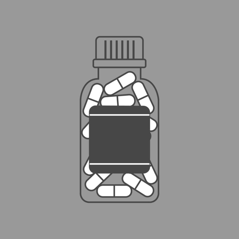 Pills and capsules in bottle. Antibiotic. Flat medicine container with drugs vector