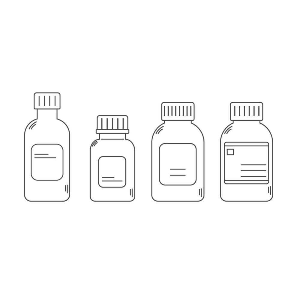 Set of linear pills bottles icons. Medicine containers with prescription label. Editable stroke vector