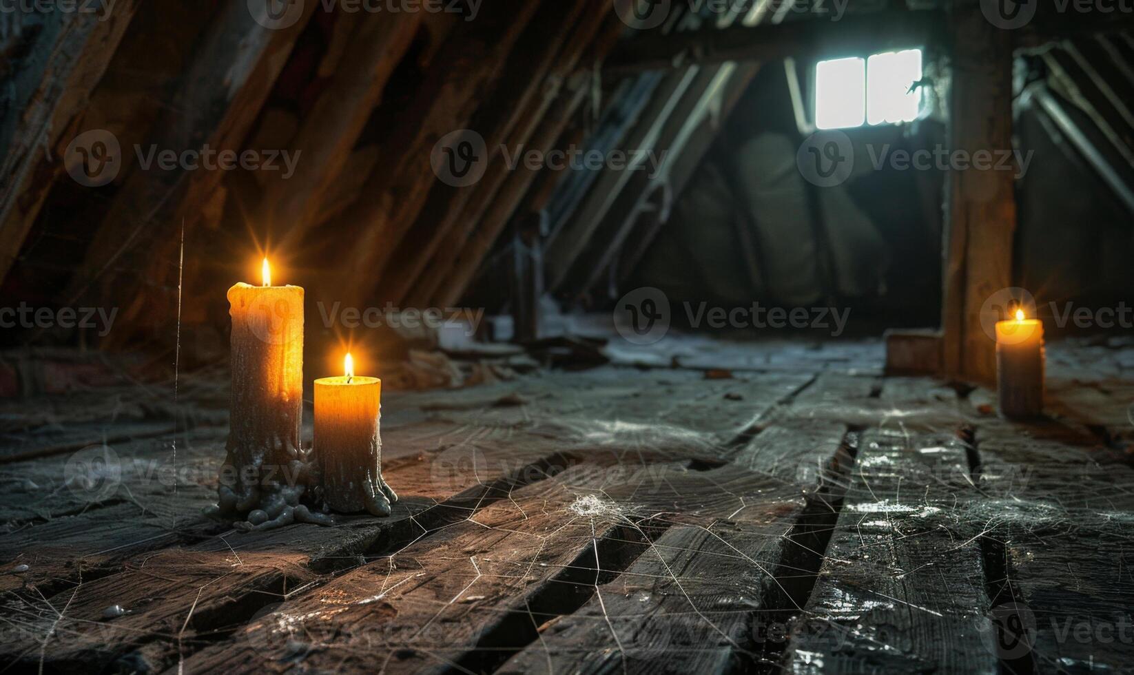 An old, cobweb-filled attic with flickering candles and mysterious shadows, with empty space on the left for text photo