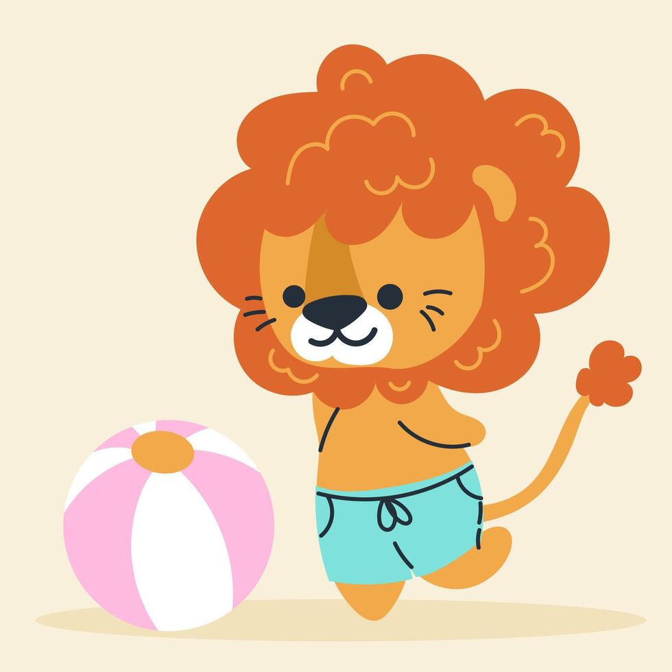 A lion in blue shorts plays with a ball on the beach. cartoon, flat, doodle, simple style. vector