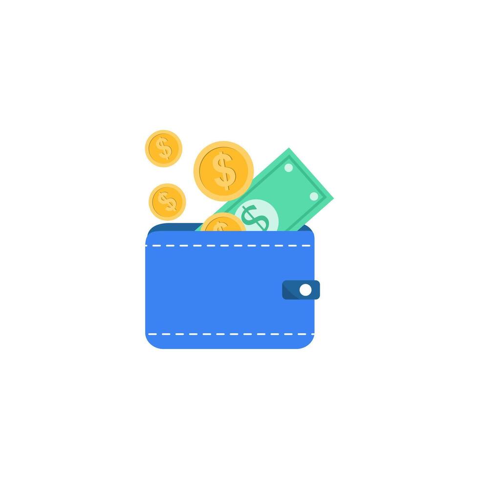 An illustration of a wallet with money and coins vector