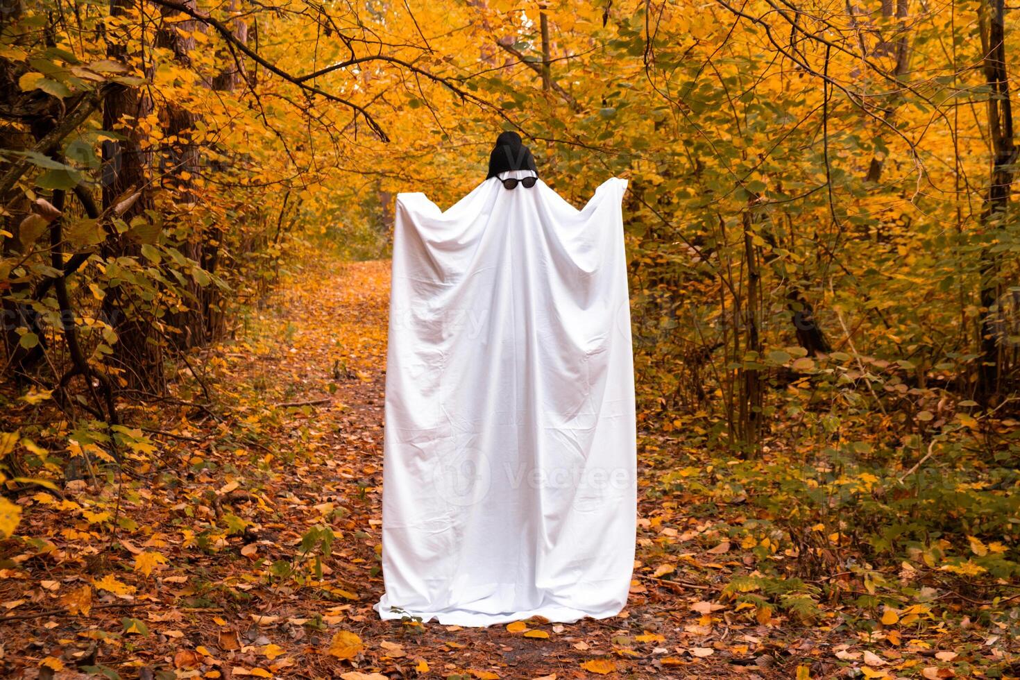 Man wearing ghost costume dancing between orange yellow leaves in autumn forest for Halloween. Cool ghost creative holiday celebration fall decoration. Mysterious Copy space photo