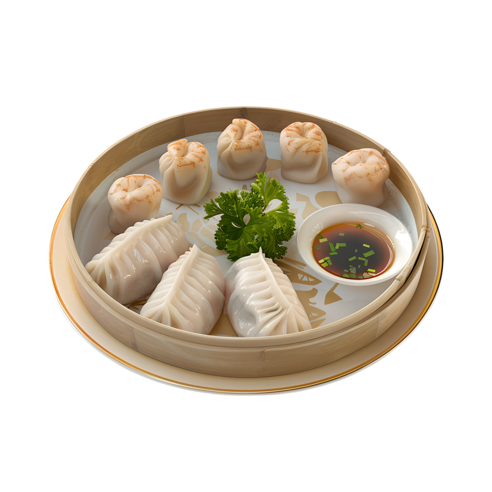 A plate with dumplings and sauce on without background png