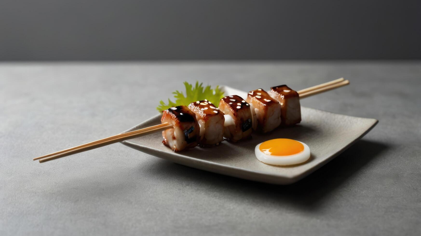 Sushi roll with eel and sauce on plate over grey background photo