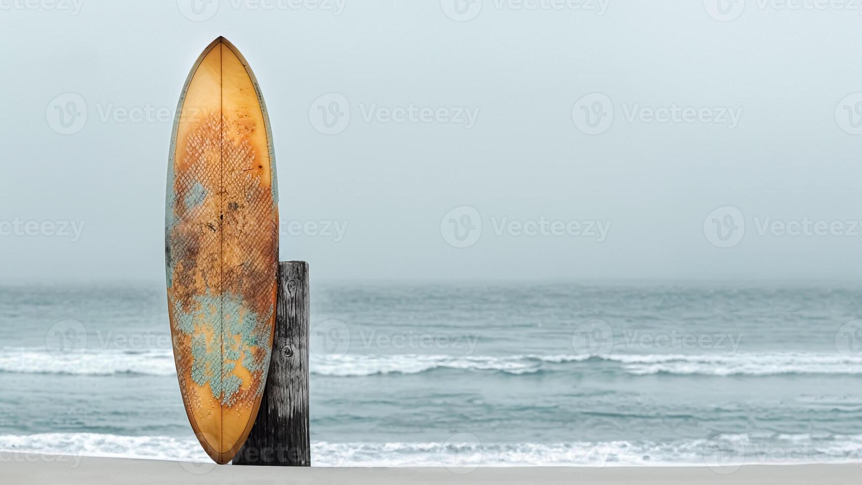 Old Surfboard Leaning Against Weathered Wooden Post. Symbol of Adventure, Nostalgia, and Coastal Charm. photo