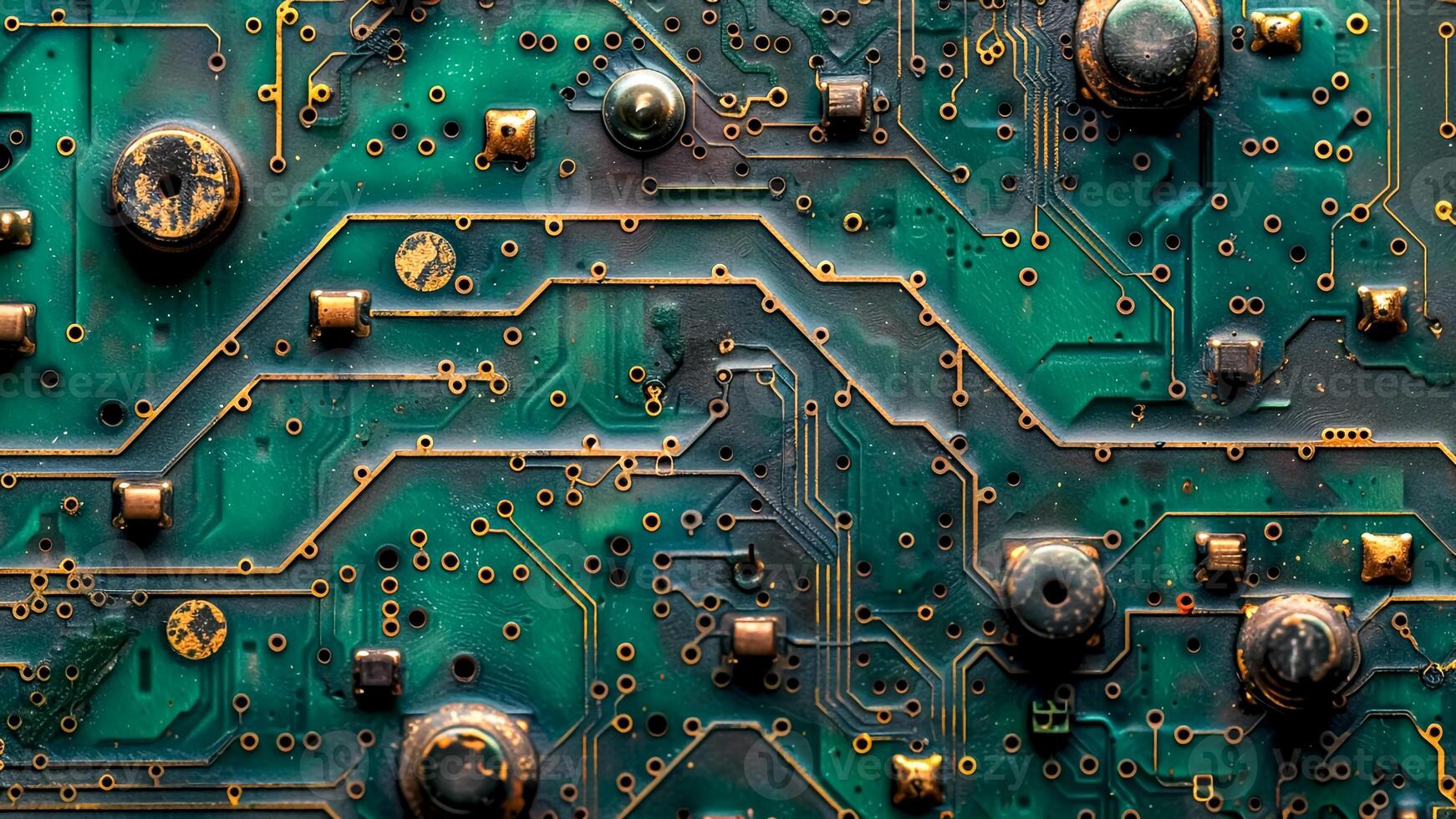 Old Green Circuit Board with Worn Copper Pathways. Vintage Tech, Electronics History, Retro Computing. photo