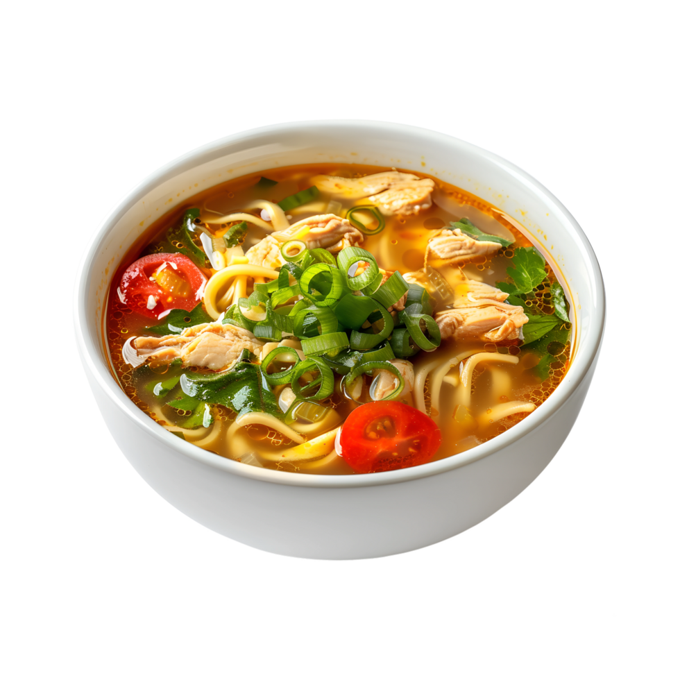 A bowl of soup with noodles and vegetables png