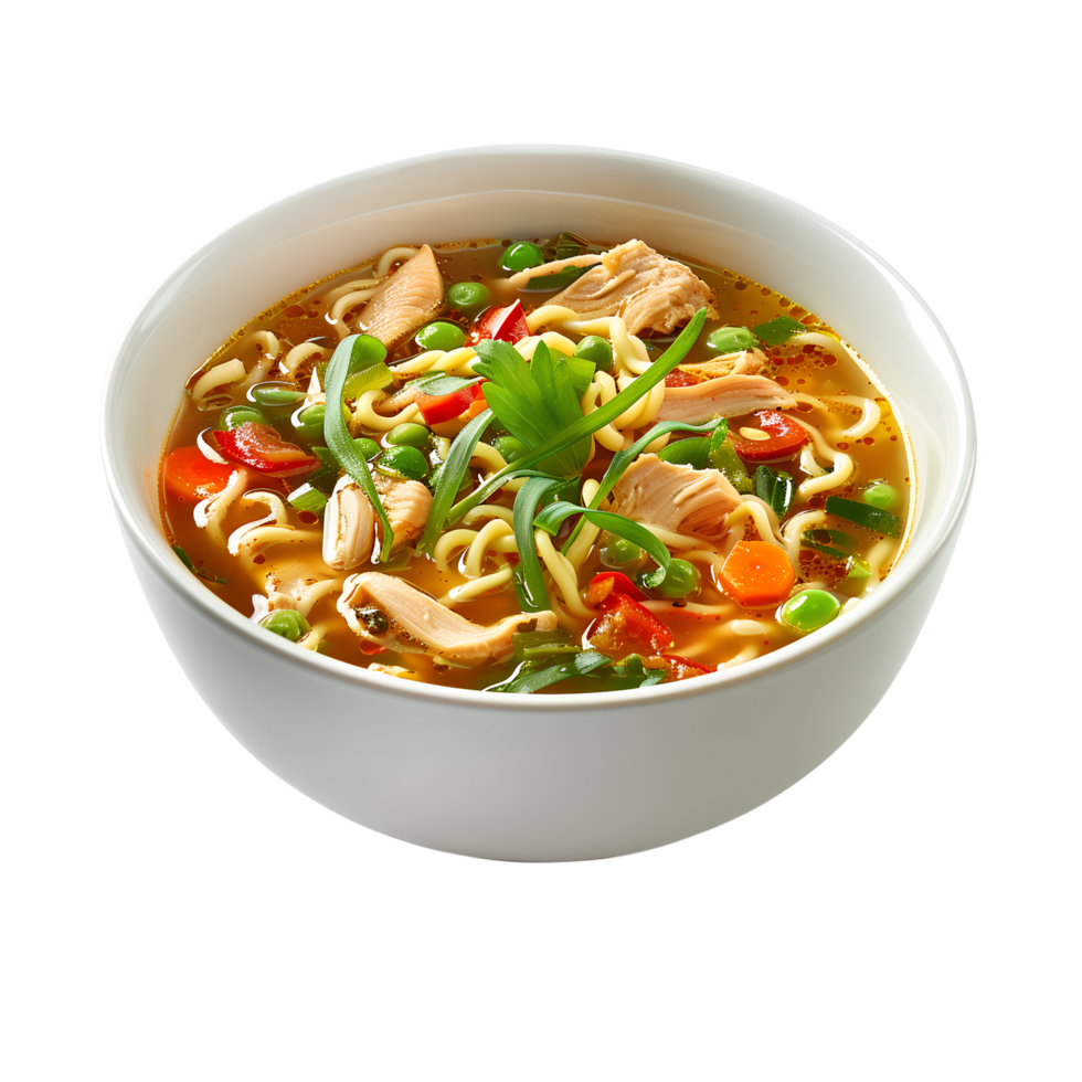 Delicious Chicken Noodle Soup with Vegetables on Transparent Background png
