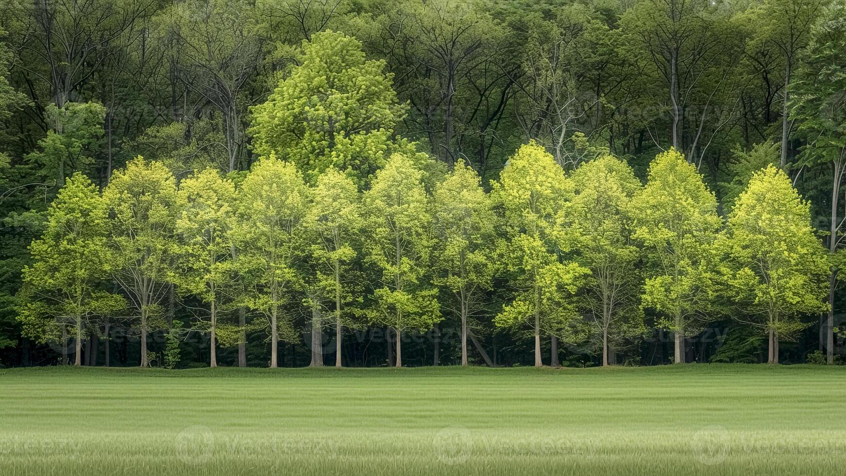 Greenery Trees and Grass in Serene Forest, Lush Landscape at Peace. photo