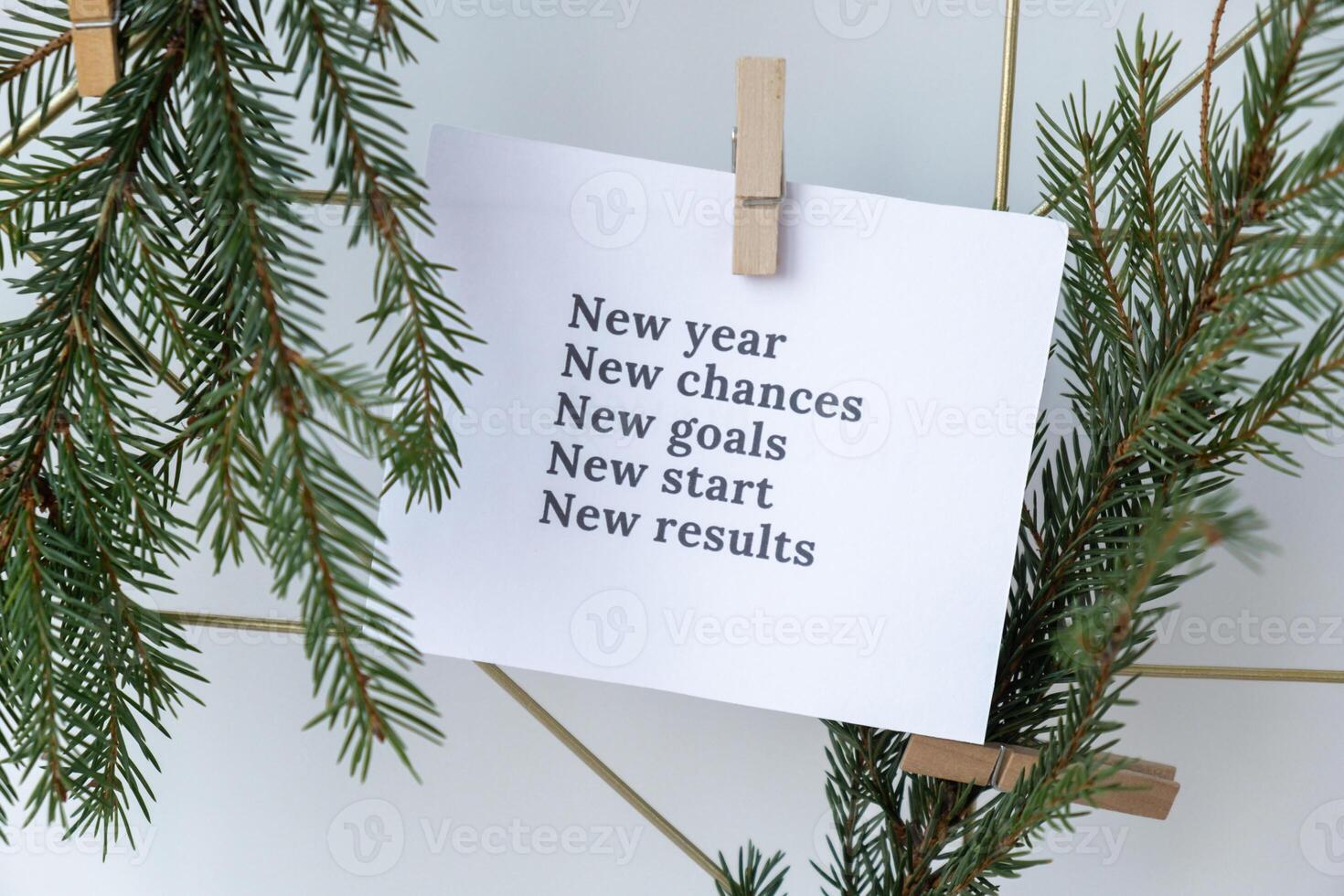NEW YEAR CHANCES GOALS START RESULTS text on white paper note on vision board with Christmas decor. New year aims resolutions. New me you concept visualizing dreams photo