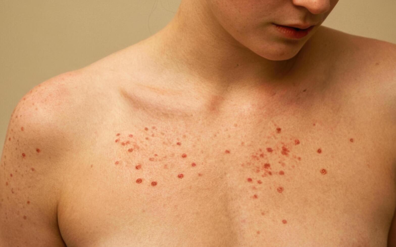 Mpox or Monkey pox affected. Red rash on the skin of a young man. photo