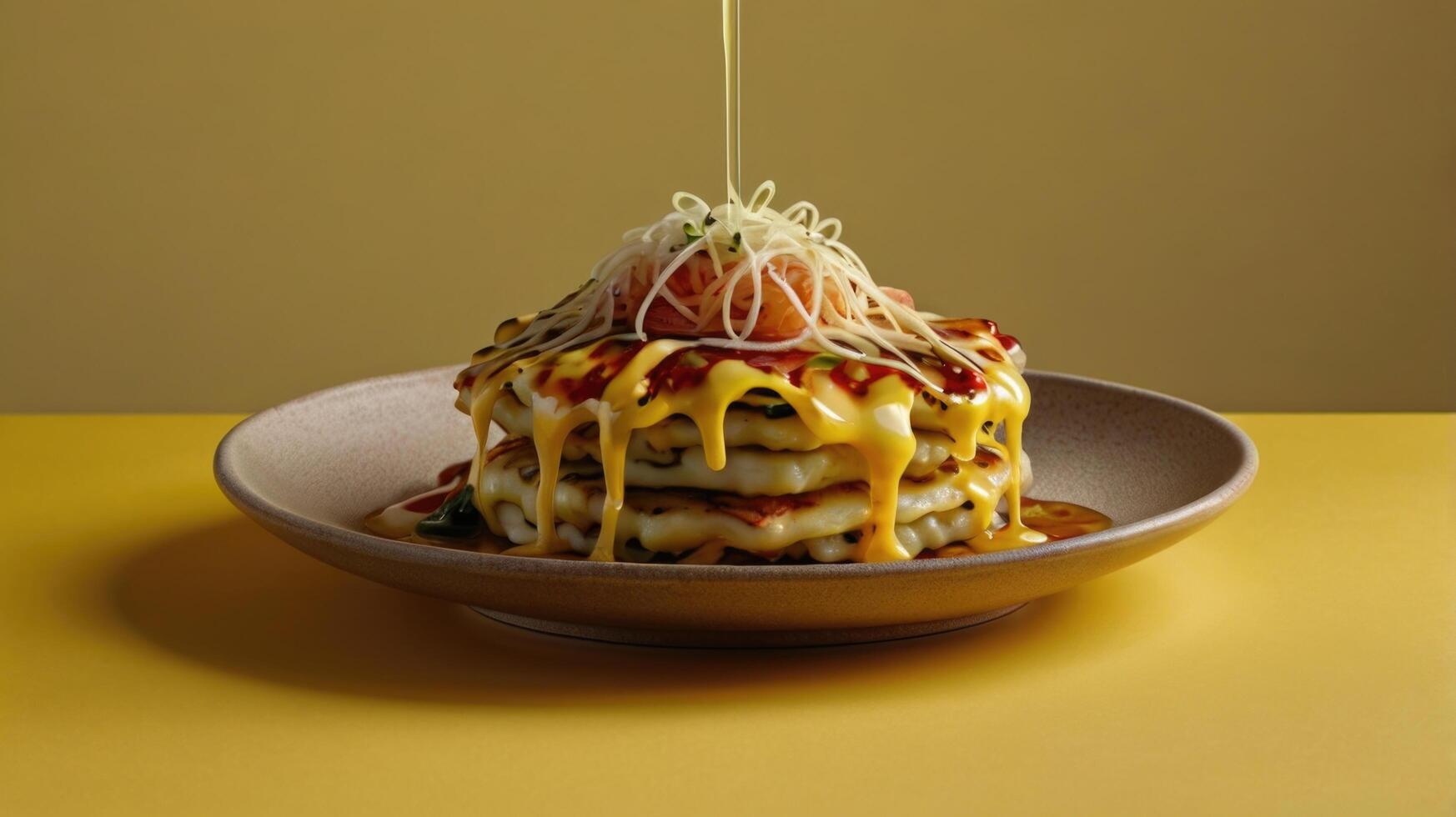 pancakes with cheese and sauce on a plate on a yellow background photo
