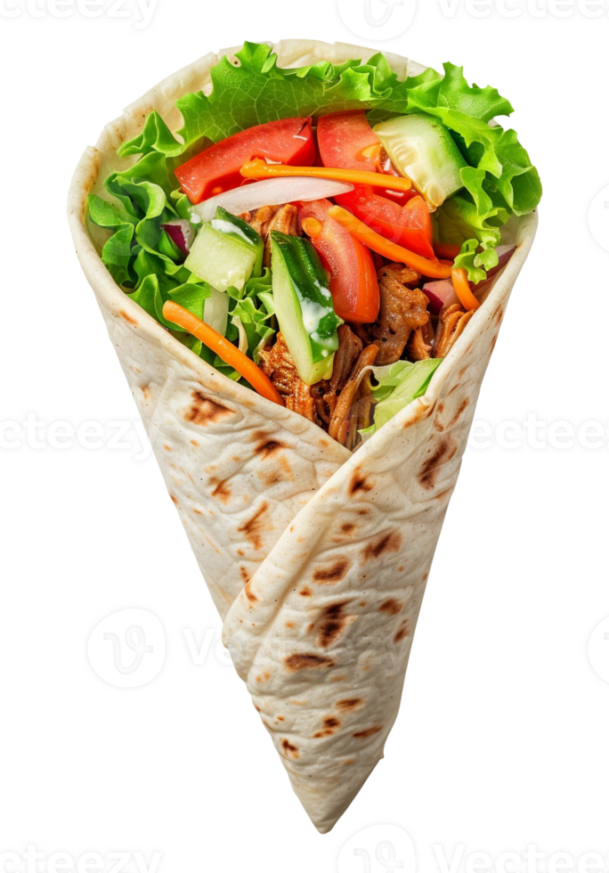 A wrap with meat, vegetables and lettuce png