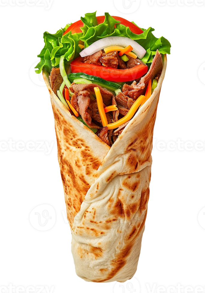 A wrap with meat and vegetables on it png