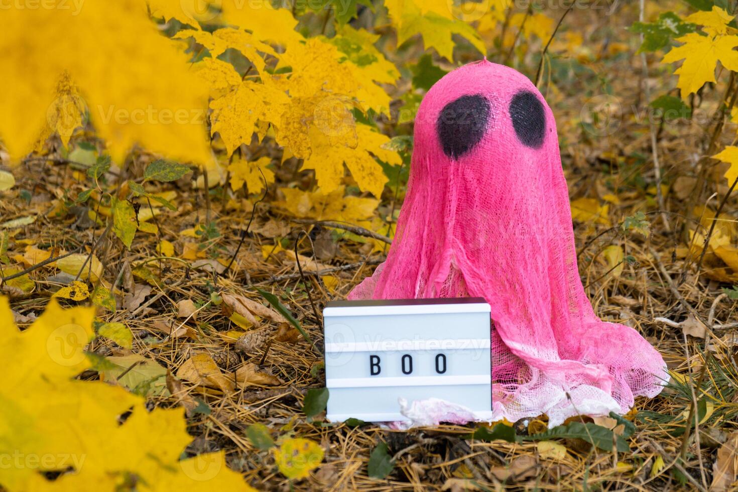 Trick or treat halloween pink ghost with Lightbox BOO text made of bandages in fall autumnal forest. Halloween greeting card. Handicraft handmade diy decoration. photo