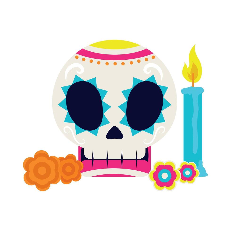 dia de los muertos skull and flowers vector