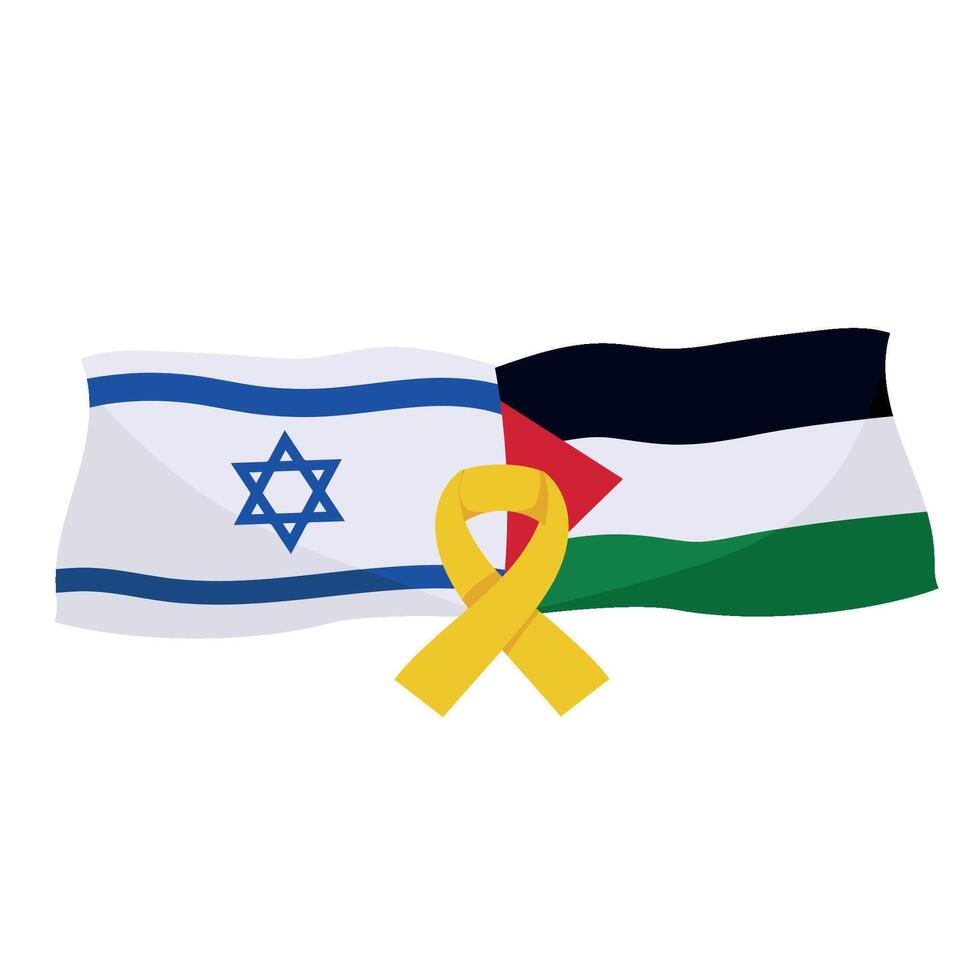 israel and palestine flags with yellow ribbon design vector