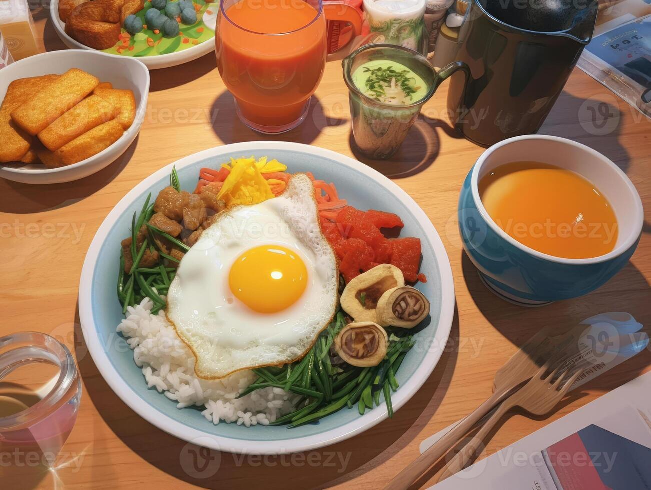 Appetizing breakfast with fried eggs, vegetables, toast and juice photo