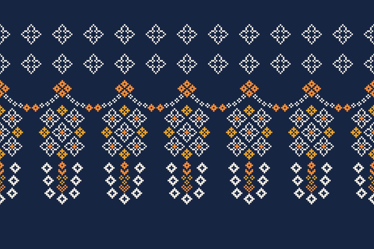 Ethnic blur pattern pixel cross stith pattern blue background pixel art. vector