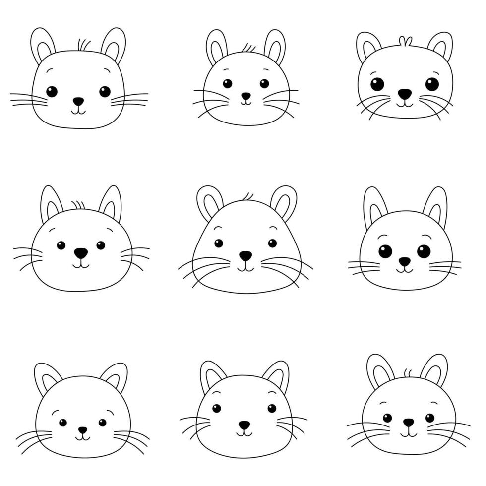 A set of different animal faces, including a rabbit, a cat, a dog, a fox vector