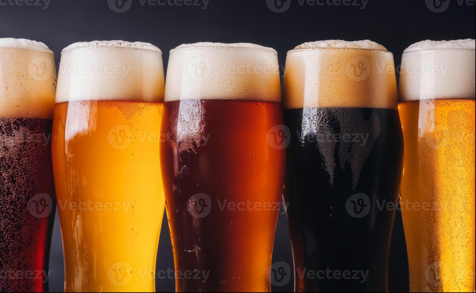 Assorted pints of craft beer displayed on a sleek black background for an inviting pub atmosphere photo