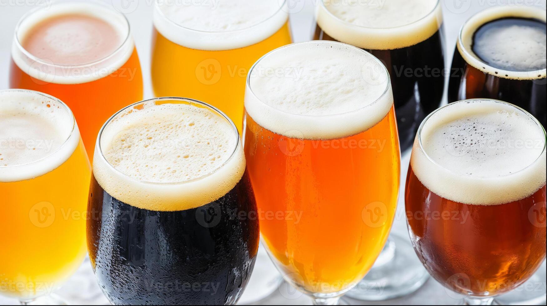 Assorted pints of beer , showcasing different styles and colors against a white backdrop, perfect for beer enthusiasts photo