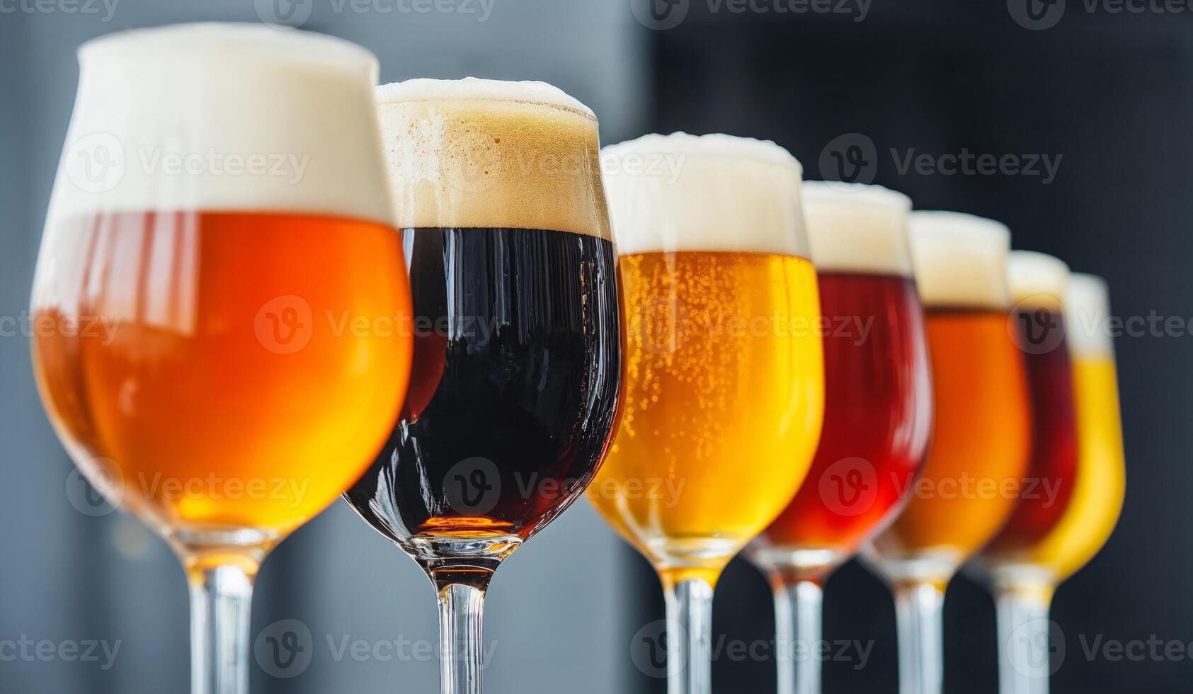 Assorted craft beers in pints displayed against a sleek black background for a vibrant and enticing presentation photo