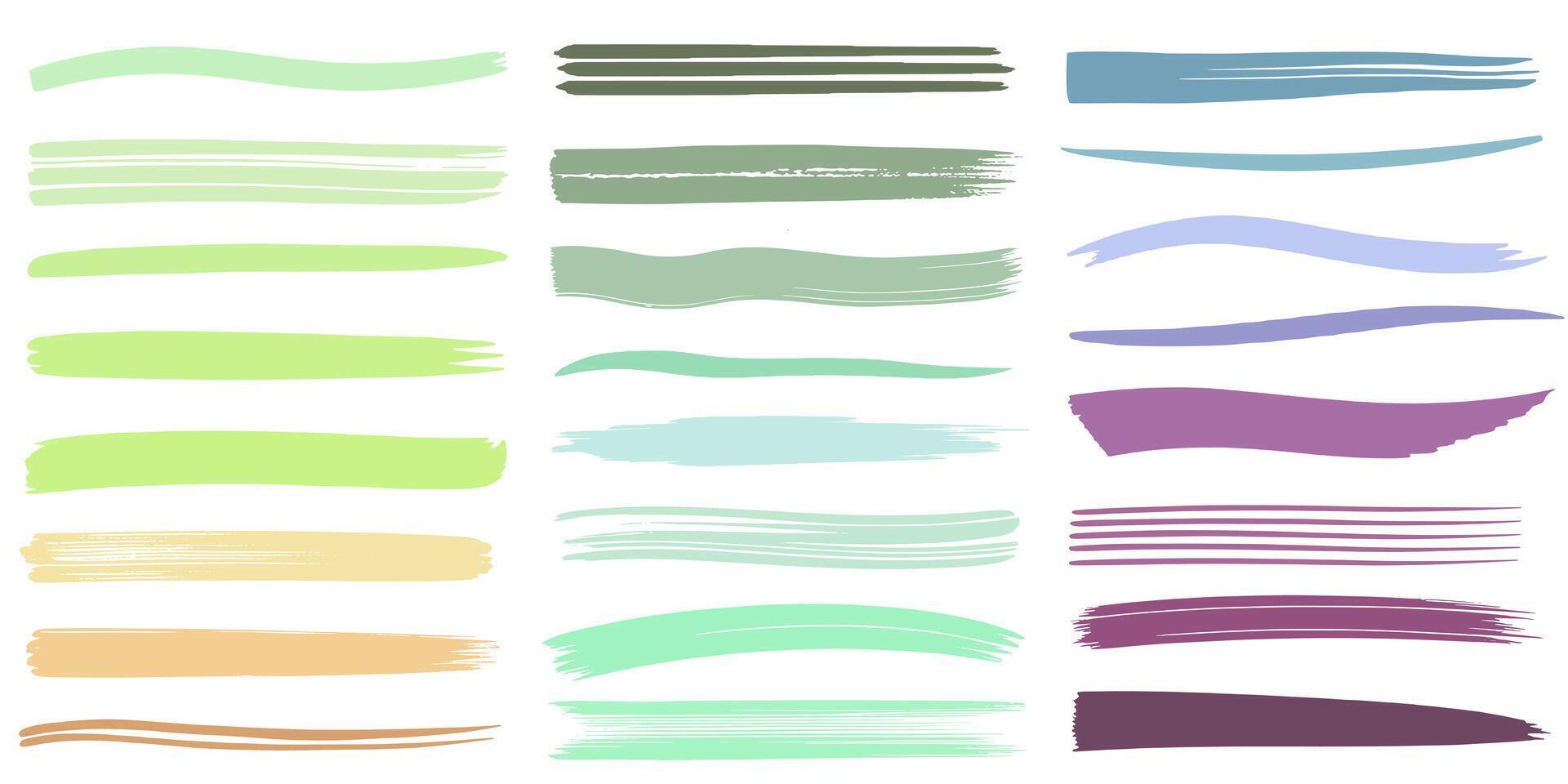 Set of hand drawn brush strokes green blue purple colors. Colorful brushstroke. Pastel brush strokes. vector
