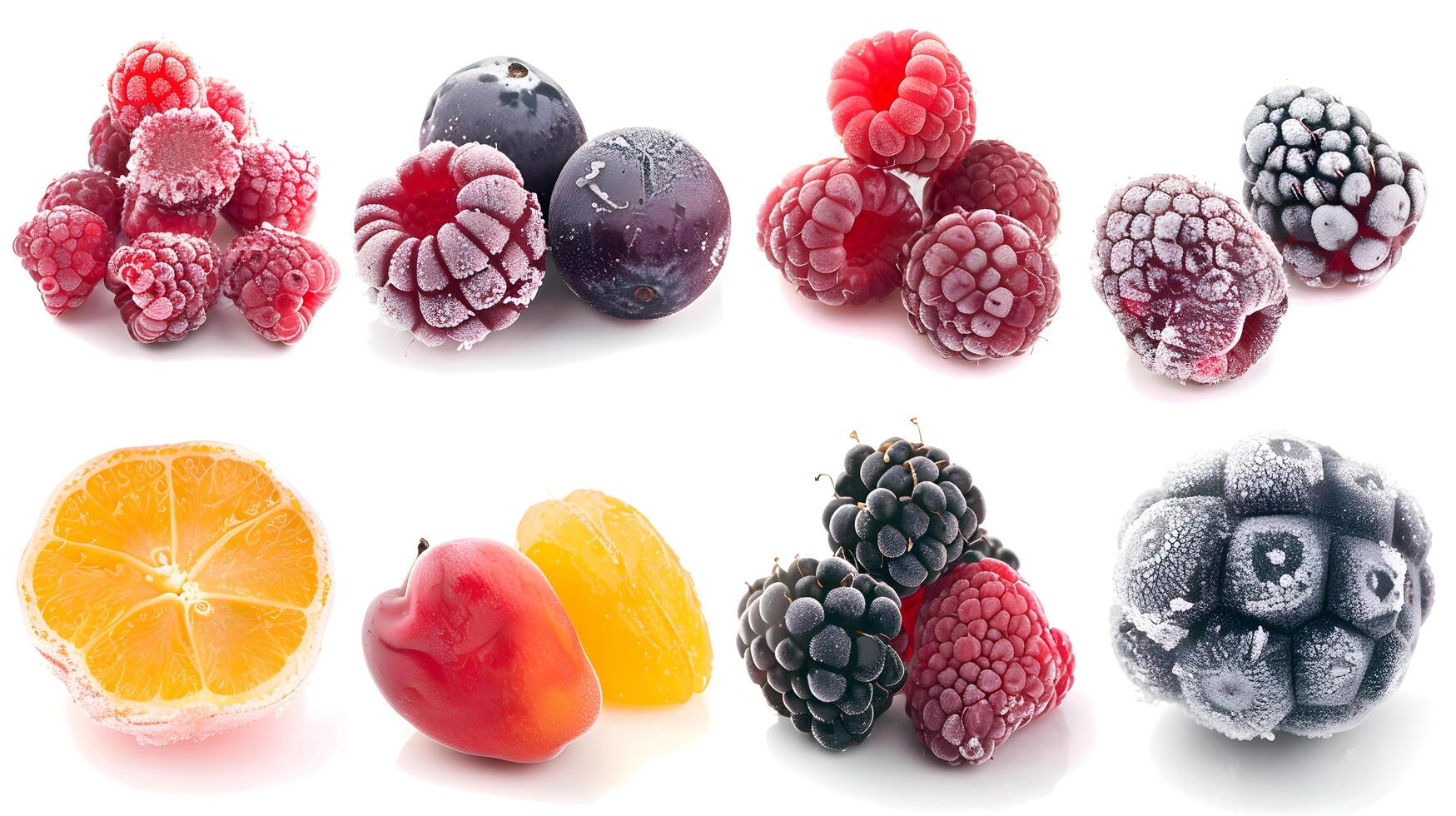 Frozen berries and citrus fruits on a white background photo